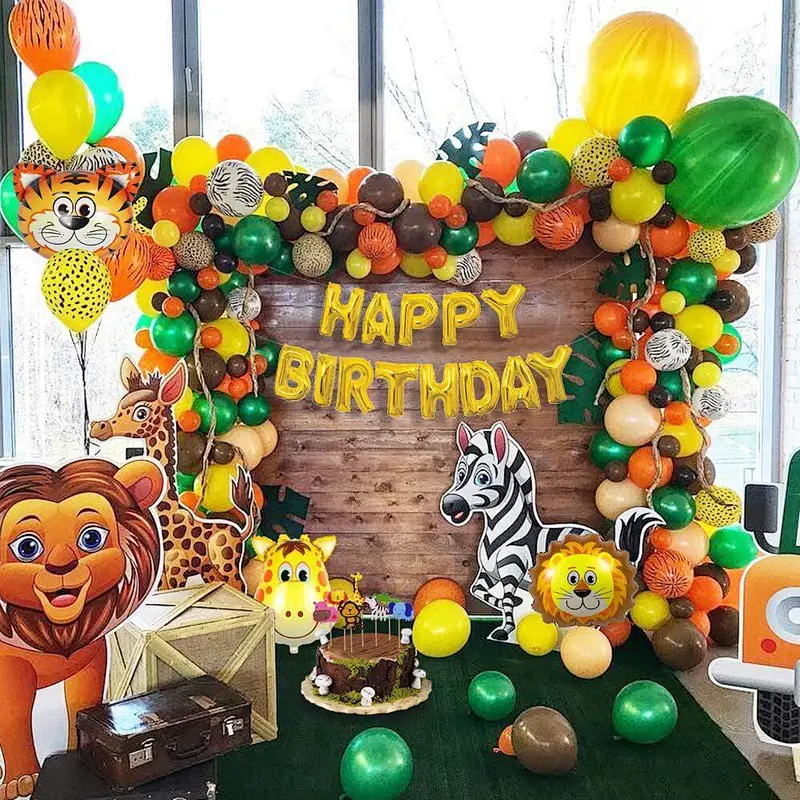 Jungle animal theme birthday party balloon chain lion giraffe tiger foil balloon tablecloth cake toppers row party decoration