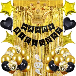 Happy Birthday Banner Balloon Set Gold Crown Metallic Latex Balloons Gold Rain Silk Curtain For Wedding Birthday Party Baby Shower Decorations