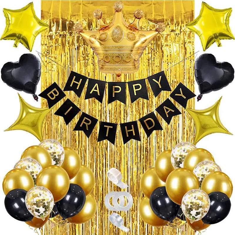 Happy Birthday Banner Balloon Set Gold Crown Metallic Latex Balloons Gold Rain Silk Curtain For Wedding Birthday Party Baby Shower Decorations
