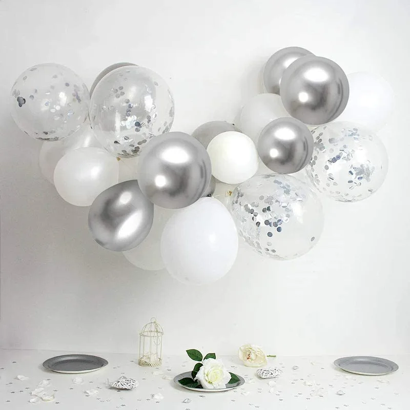 50 Pack 12 Inch Silver Metallic Chrome Party Balloon White Silver Confetti Latex Balloons For Wedding Birthday Party Decor