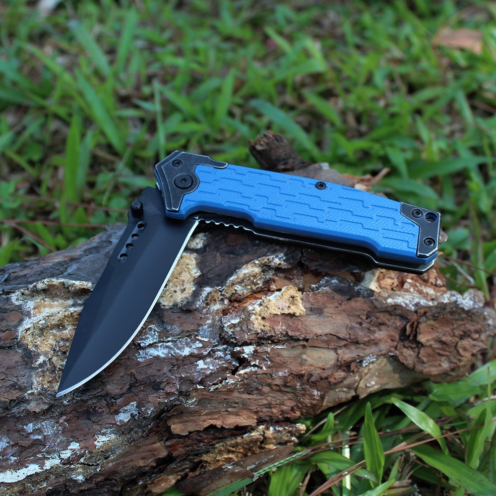 blackened blade tactical folding knife close viewed