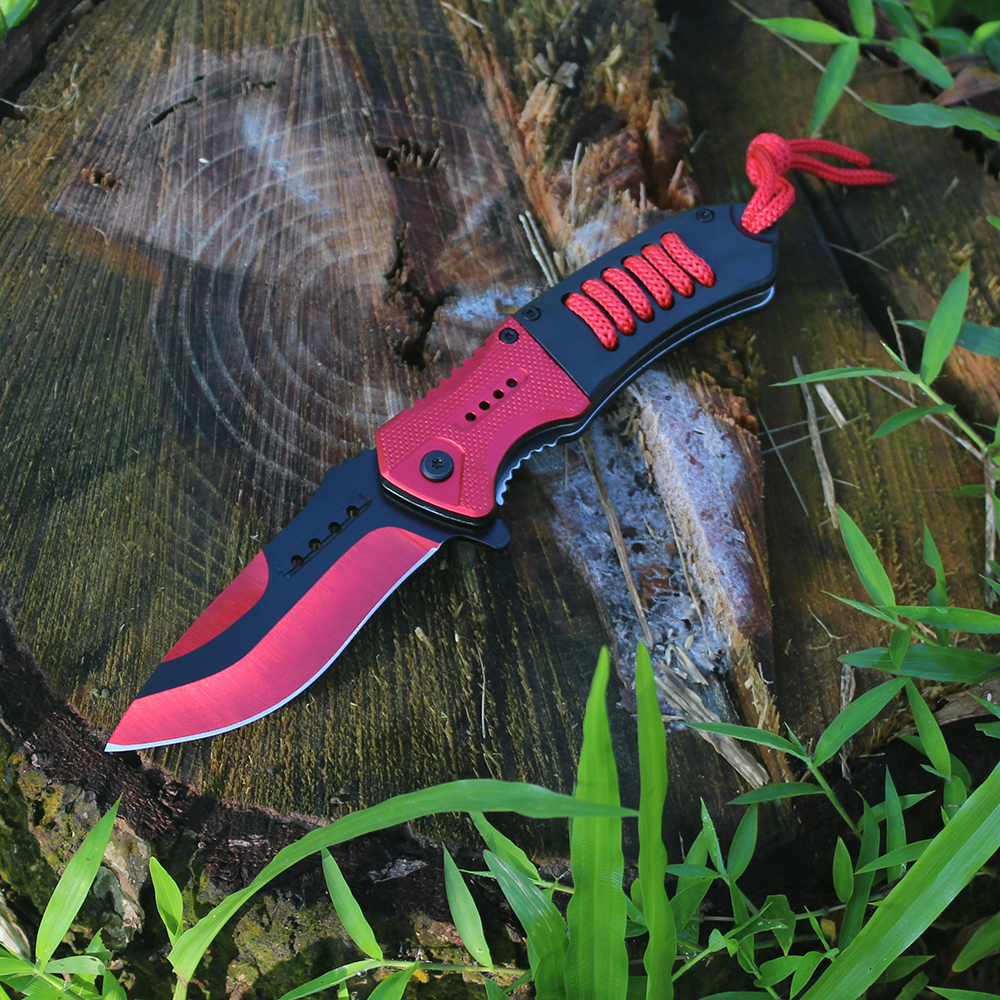 red color self defense pocket knife open viewed