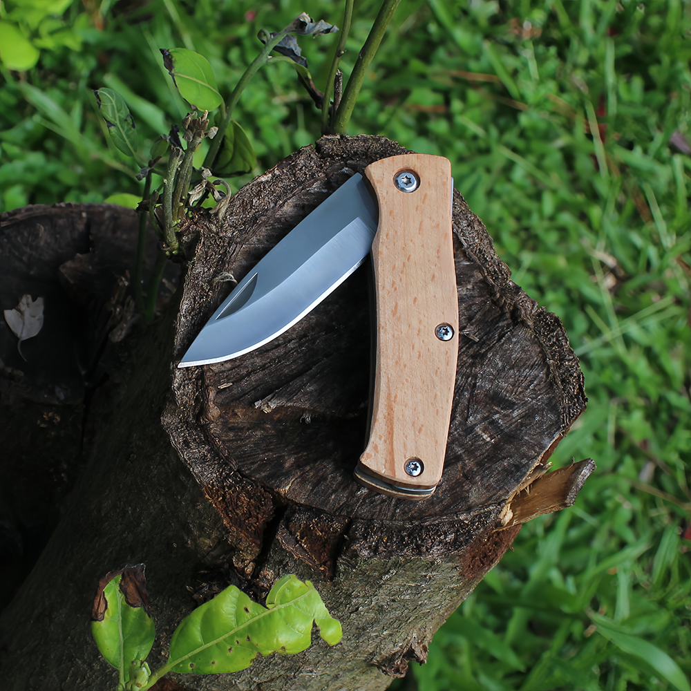 wood handle folding knife with custom personal engraved blade
