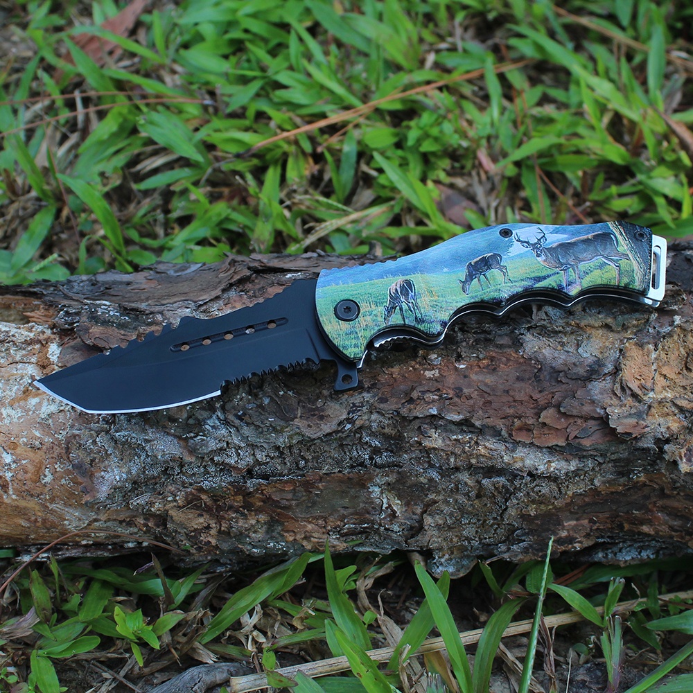 folding tactical knife with half serrated blade