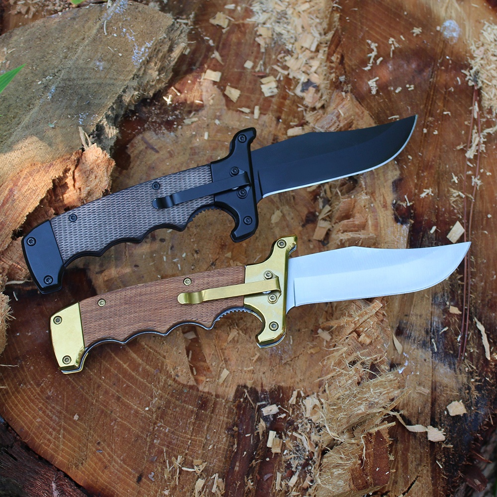 folding hunting knife with wood and steel handle