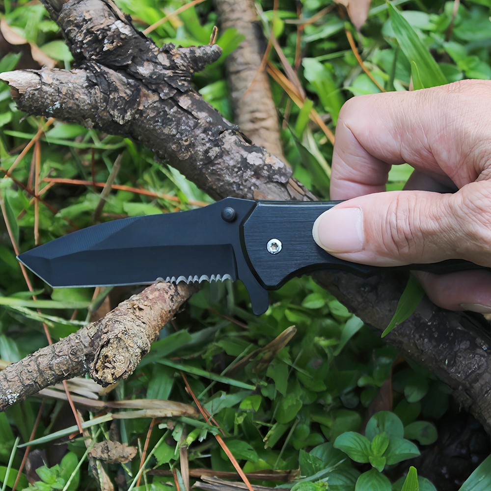 handheld half serrated blade black pocket knife
