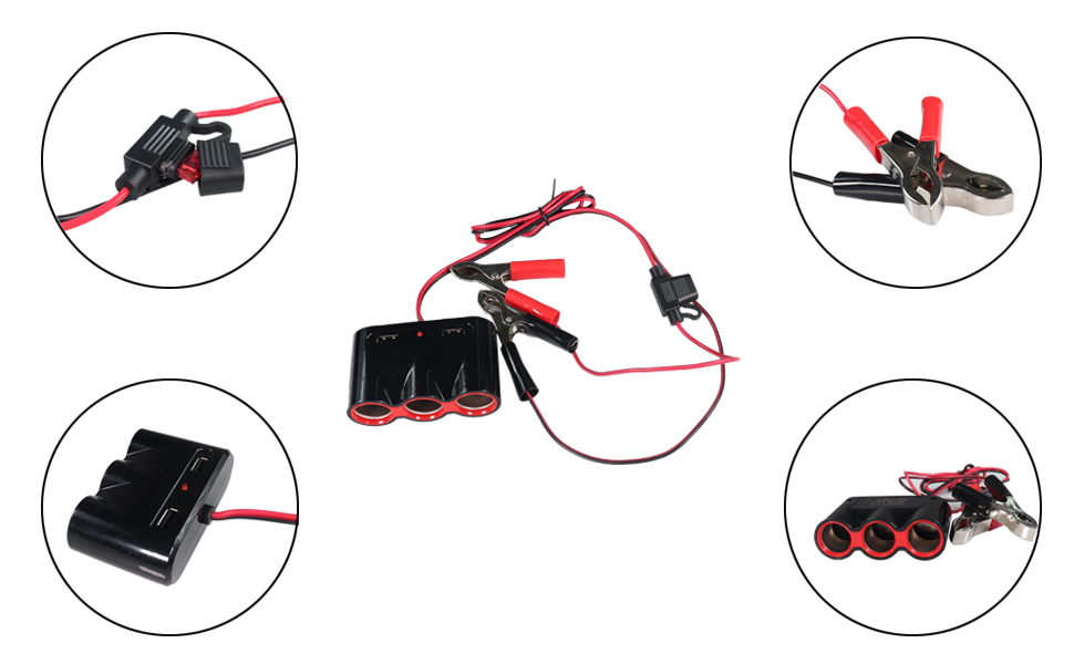 12 volt power outlet, car battery clips, cig lighter adapter