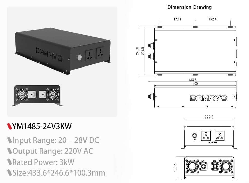 DAMAVO 24 volt 3000 watt pure sine wave power inverter