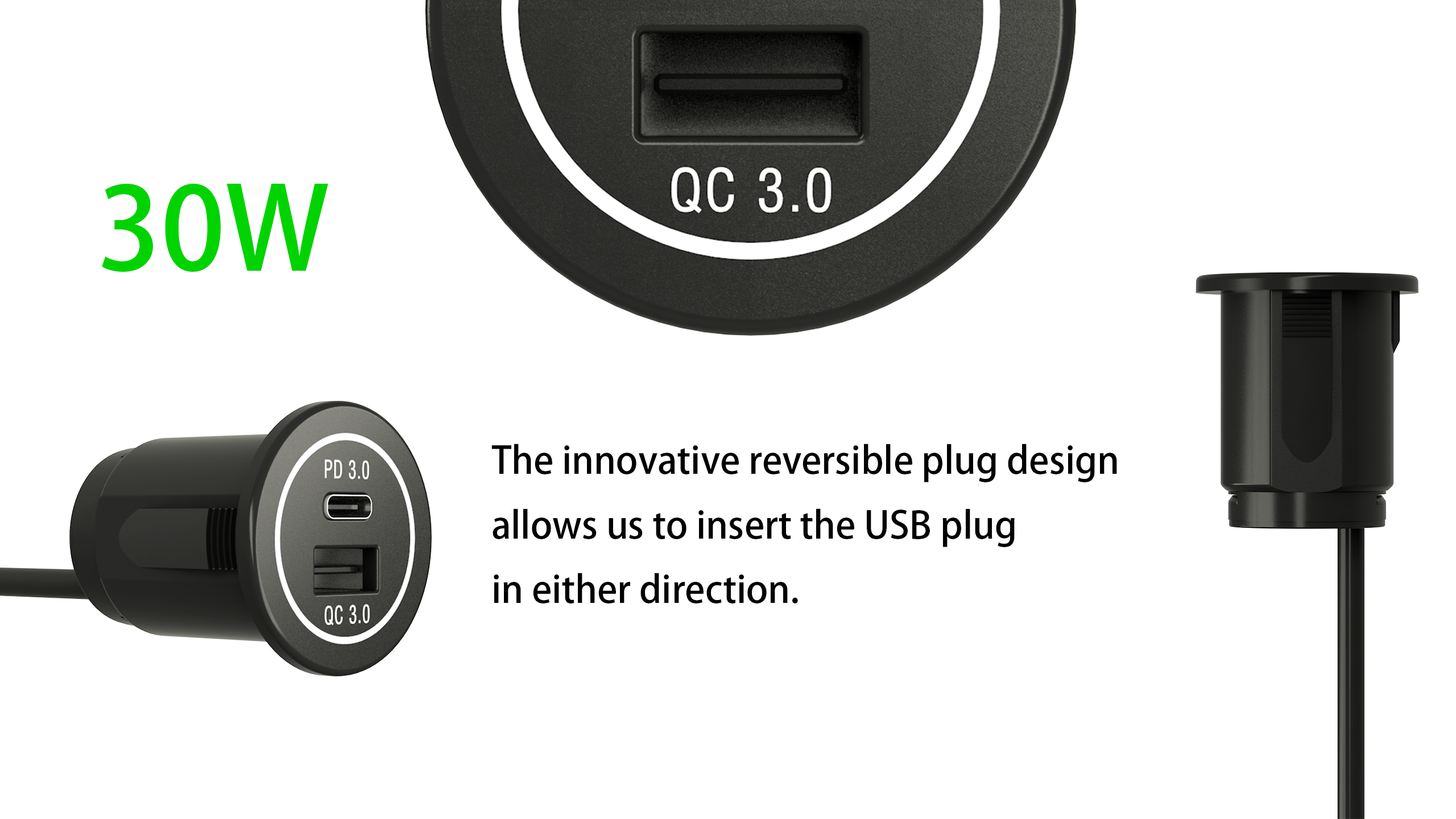 pd 3.0,30 watt charger,car dashboard flush mount usb.