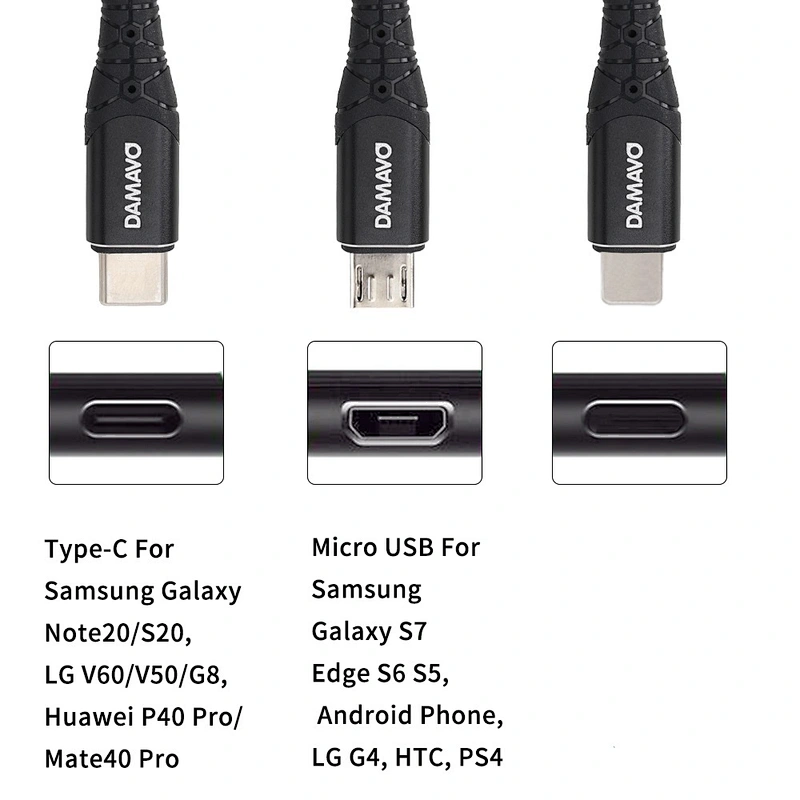 DAMAVO สายชาร์จ USB ชนิดสายดาต้า 5 พิน USB 3 in 1