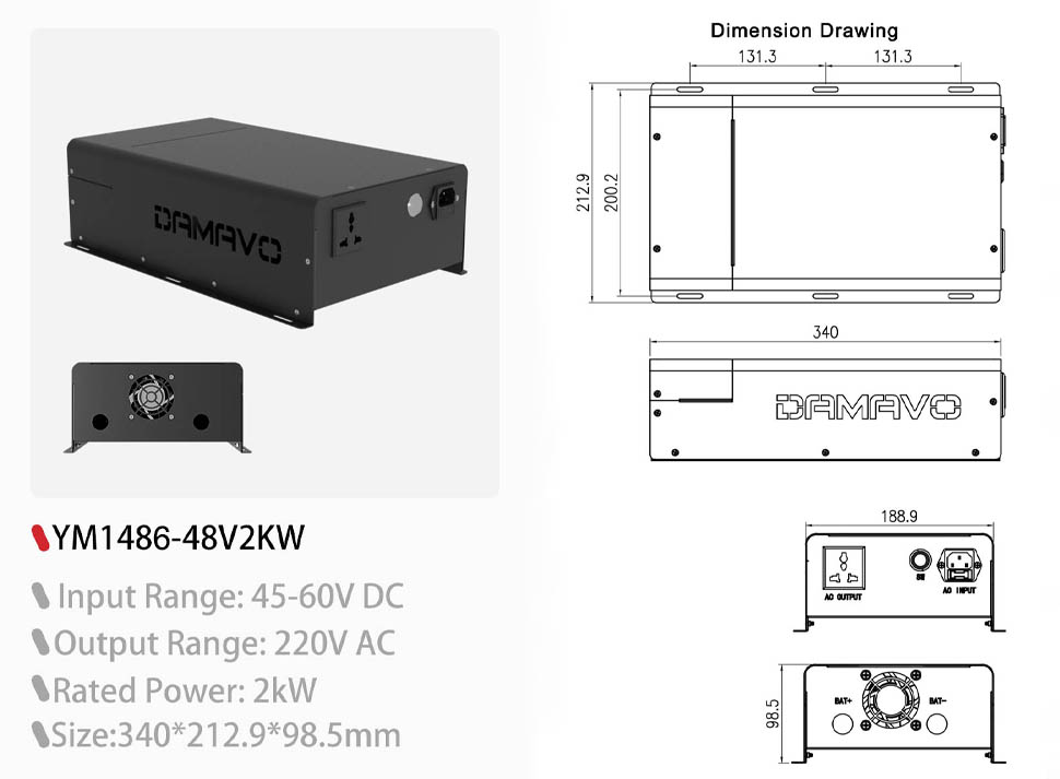 DAMAVO 2000 Watt 48V Bidirectional Inverter Pure Sine Wave