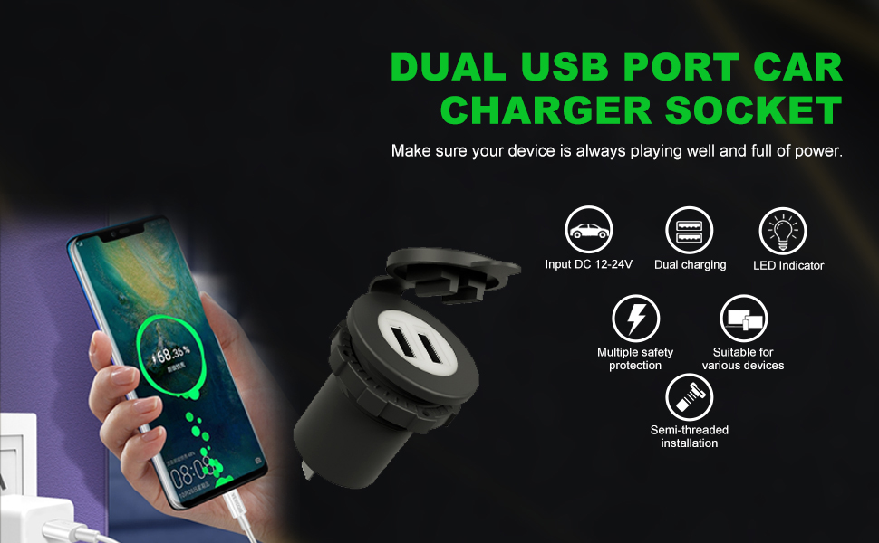 car dual charger,usb to cigarette lighter socket,car mobile charger socket factory-DAMAVO