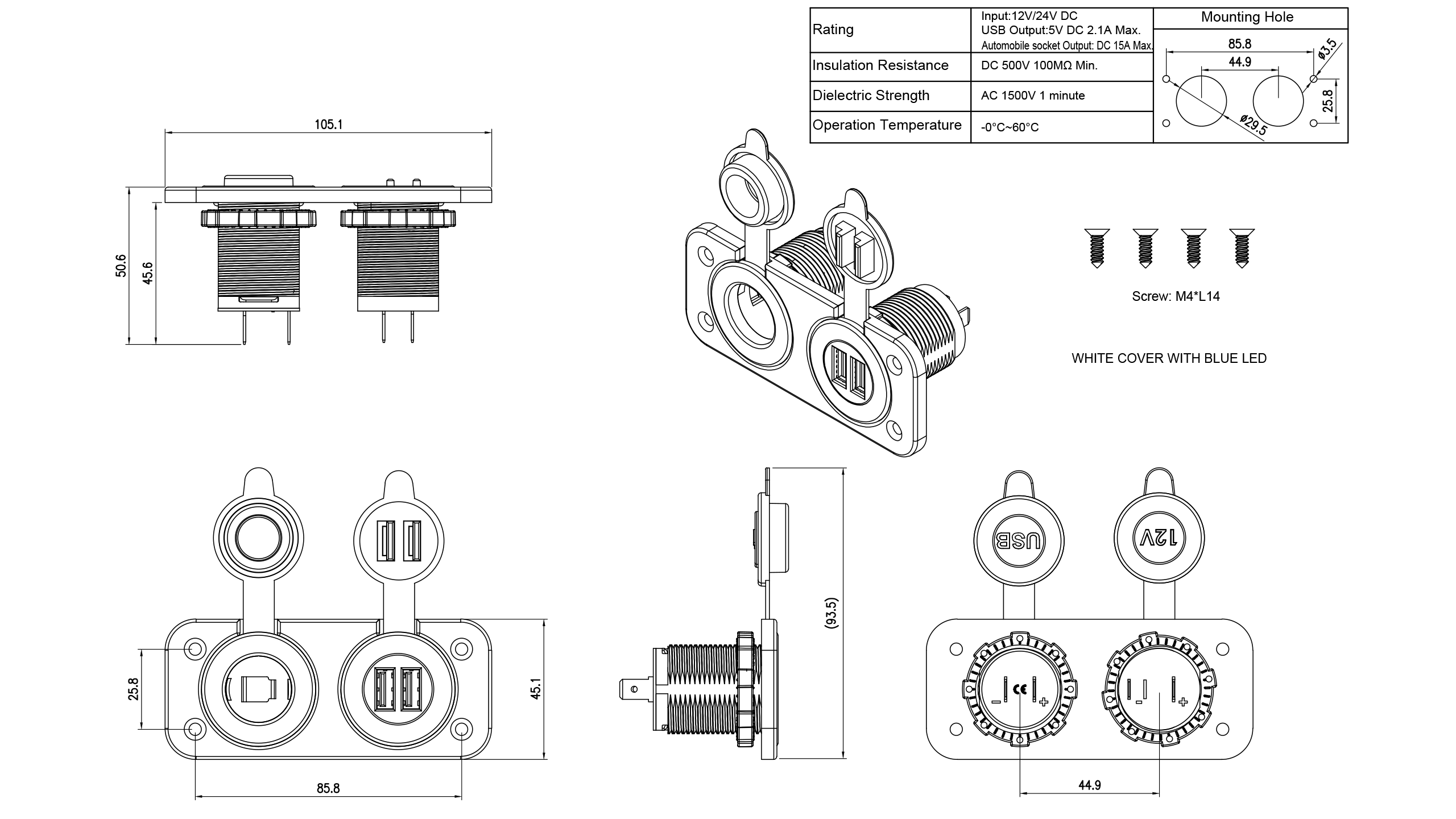 car charger socket female,24v to USB power adapter,USB panel mount pass through for sale