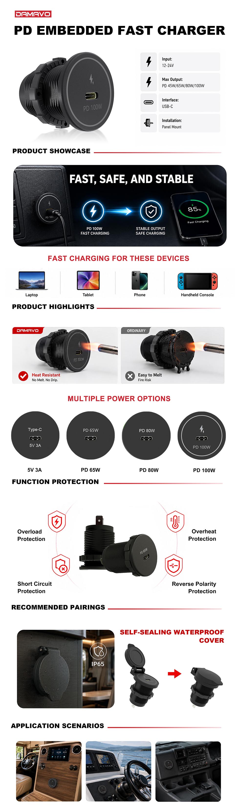 DAMAVO 65w car charger 12v usb c dual 12v socket custom for sale