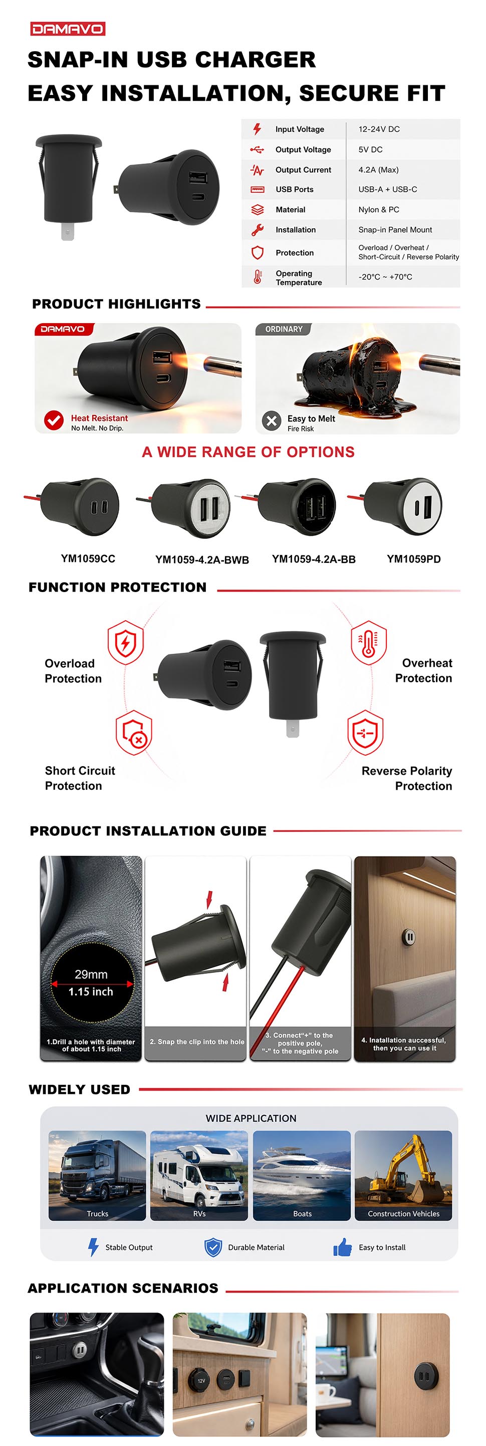 24V 12v usb adapter ,flush mount usb charger,usb charger socket for sale