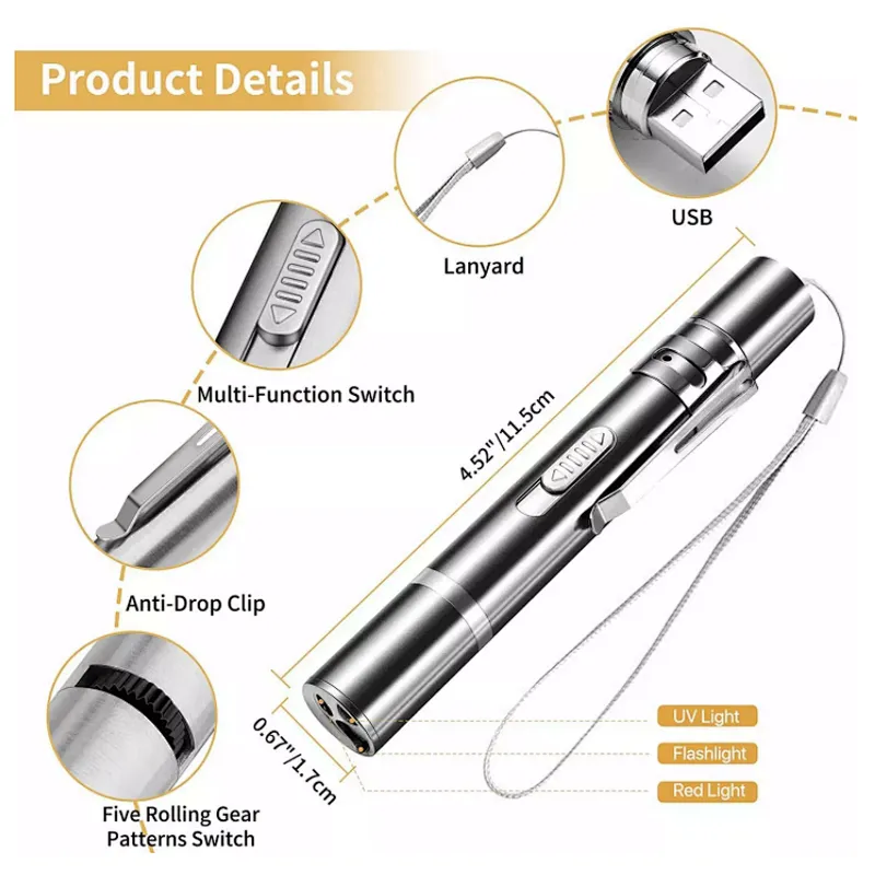 3 in 1 Rechargeable Mini Multi Function Aluminum LED Light Flashlight Pet Cat Catch Laser Pen Pointer Interactive Exercise Toy