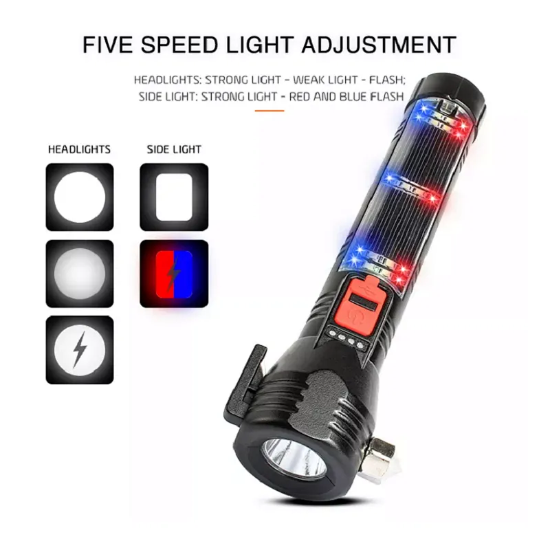 amazon hot selling 9 in 1 fifth gear light adjustment solar usb charging power display safety hammer flashlight