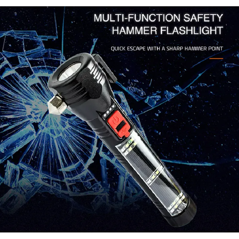 amazon hot selling 9 in 1 fifth gear light adjustment solar usb charging power display safety hammer flashlight