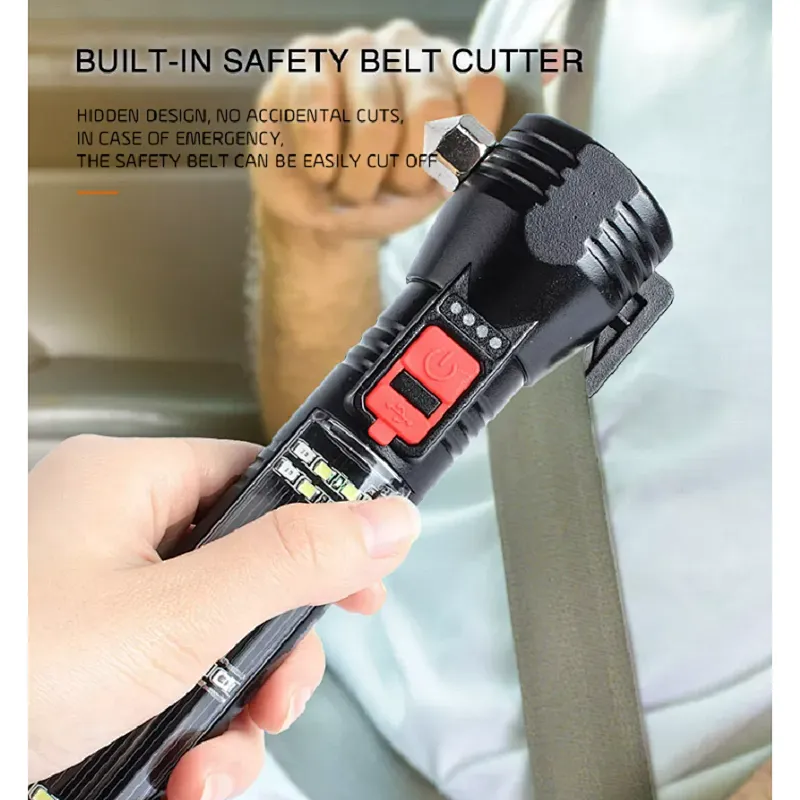 USB Charger Solar Powered LED Car Flashlight Multi-Function Solar Escape Rescue Flashlight for Hiking Camping Traveling