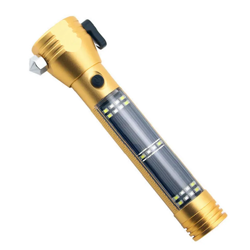 9 in 1 Waterproof 10W XML T6 USB & Solar Panel Charging Flashlight Torchlight High Powerful Solar Powered Flashlight With Alarm