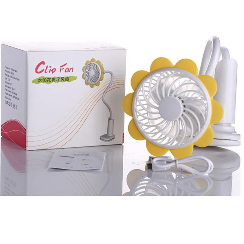 360 Degree Rotation Creative Sunflower Clip Fan USB Charging Mini Fan Work Study Bedside Desktop Fan