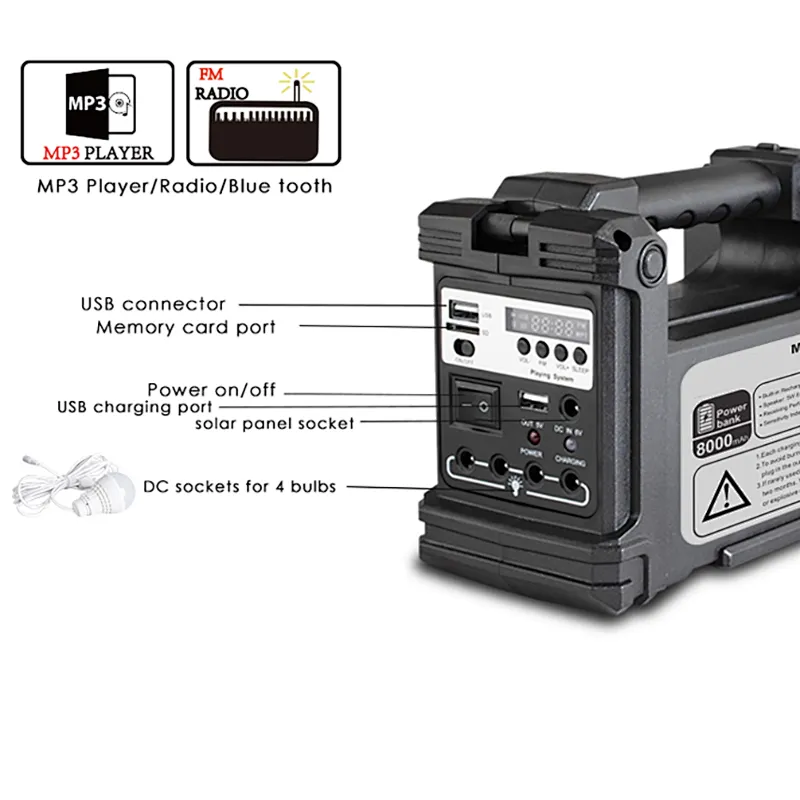 Multi-function emergency lighting radio and bulb set with home lighting solar system