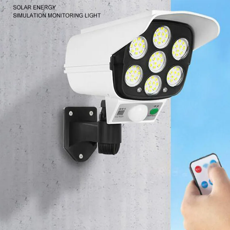 Cheap Wholesale 3 Mode Solar Energy Sensor LED Flood Light  IP65 Waterproof  Simulation Camera Camouflage Monitoring Street Lamp