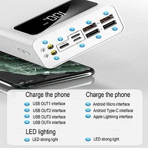 Portable External Battery 3 Inputs and 4 USB Outputs 50000 mAh High Capacity Mobile Power Bank with LED Digital Display