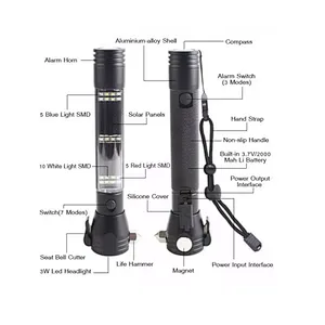 9 in 1 Waterproof 10W XML T6 USB & Solar Panel Charging Flashlight Torchlight High Powerful Solar Powered Flashlight With Alarm