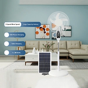 16 Inch Rechargeable Battery AC DC LED Solar Fan Rechargeable Battery Stand Fan with Remote Control and Solar Panel