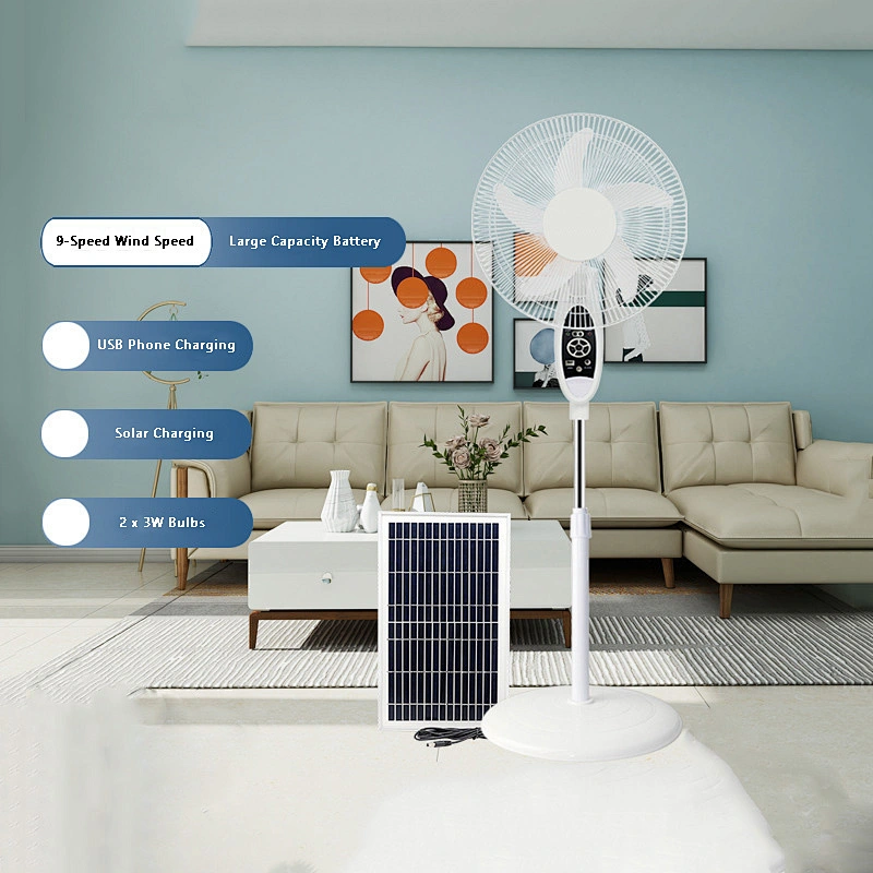 16 Inch Rechargeable Battery AC DC LED Solar Fan Rechargeable Battery Stand Fan with Remote Control and Solar Panel