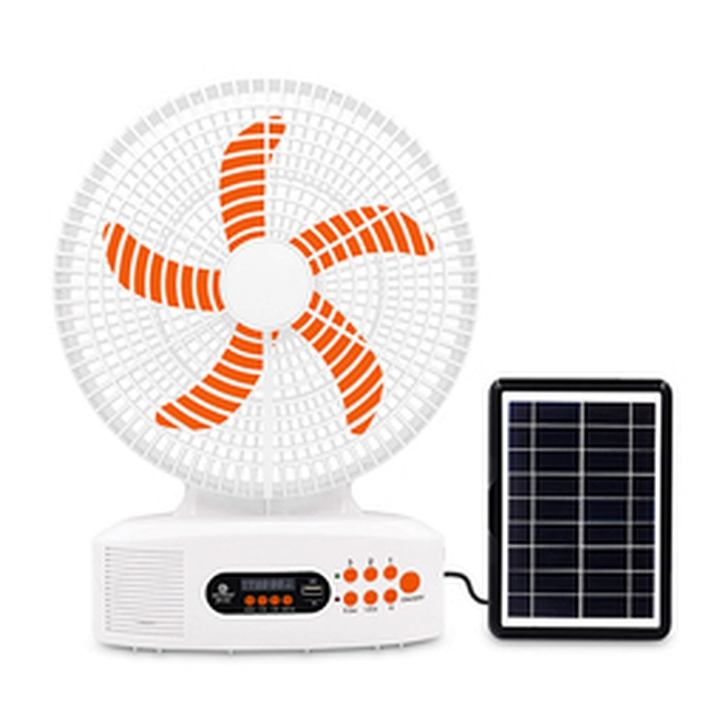 Hot Sell 12 Inch Solar Rechargeable Fan Portable FM Radio Fan Rechargeable with Led Lights and Speaker