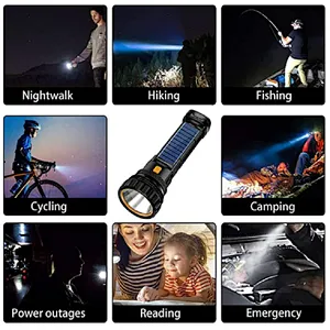 Solar Rechargeable 1200 Mah Battery USB Cable Fast Charging 1000 high  Lumens LED Flashlight with Emergency Strobe Light