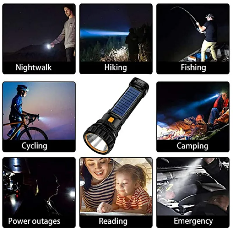 Solar Rechargeable 1200 Mah Battery USB Cable Fast Charging 1000 high  Lumens LED Flashlight with Emergency Strobe Light