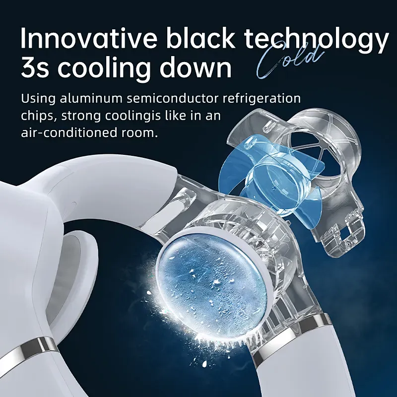 2023 New Arrival Semiconductor Refrigeration 360 Cooling Rechargeable Hands Free Leafless Wearable Hanging Portable Neck Fan