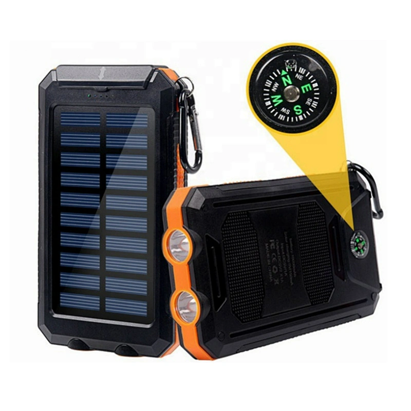 Customize top portable small USB mobile iphone charger waterproof solar power bank & power station with compass camping light