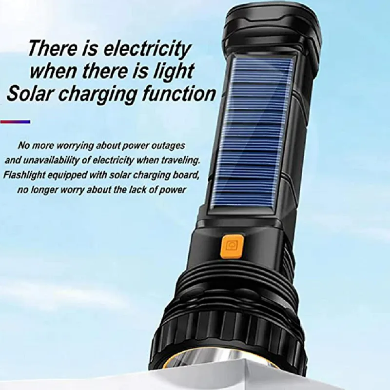 Solar Rechargeable 1200 Mah Battery USB Cable Fast Charging 1000 high  Lumens LED Flashlight with Emergency Strobe Light