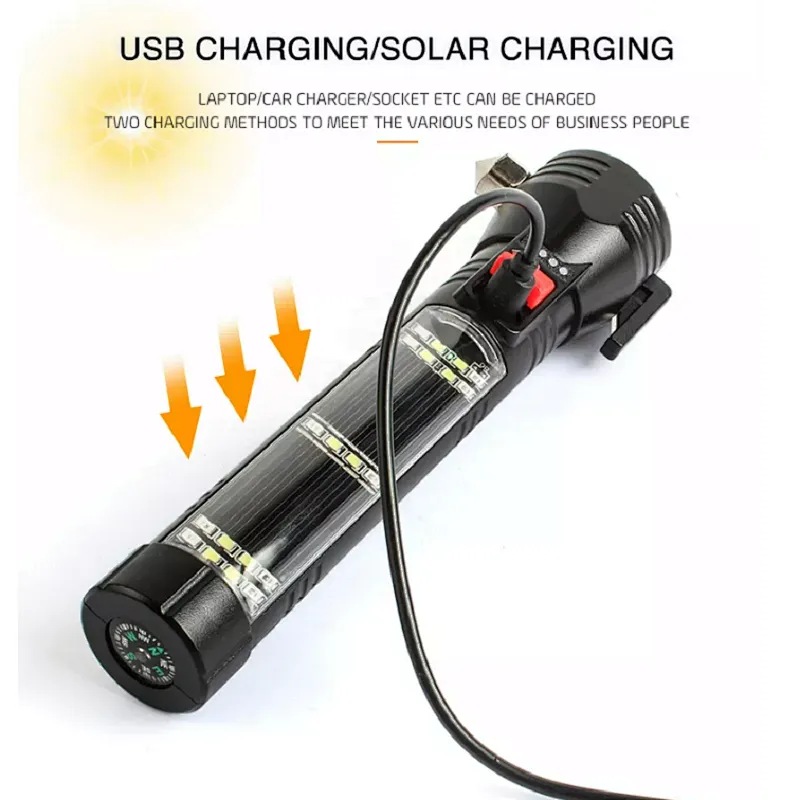 USB Charger Solar Powered LED Car Flashlight Multi-Function Solar Escape Rescue Flashlight for Hiking Camping Traveling