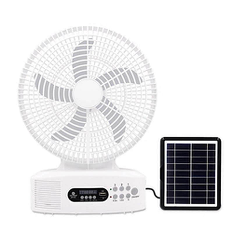 Hot Sell 12 Inch Solar Rechargeable Fan Portable FM Radio Fan Rechargeable with Led Lights and Speaker
