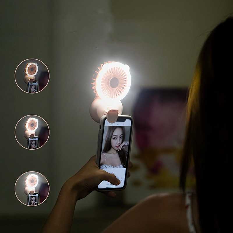 Mini Fill Light Fans Portable Hanging Neck Fan Silent USB Charging Air Cooling LED Light Clip-on Fan For Make Up