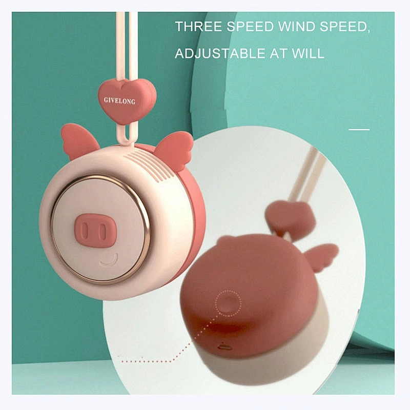 Piglet Fan Air Cooler Mini Portable Rechargeable summer baby handheld leafles Hanging Neck Fan for children