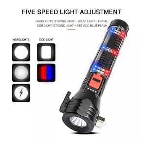USB Charger Solar Powered LED Car Flashlight Multi-Function Solar Escape Rescue Flashlight for Hiking Camping Traveling