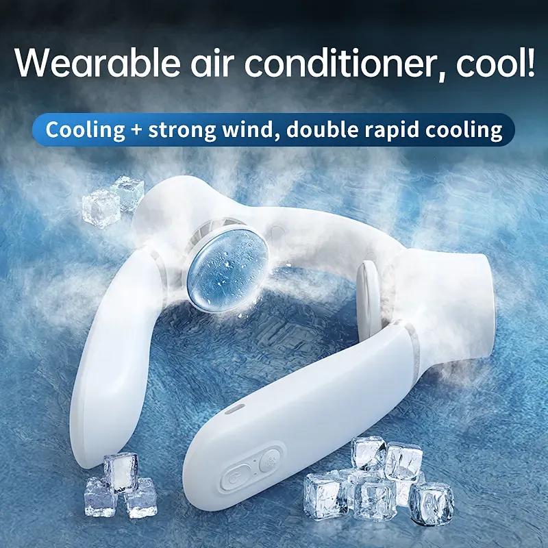 2023 New Arrival Semiconductor Refrigeration 360 Cooling Rechargeable Hands Free Leafless Wearable Hanging Portable Neck Fan