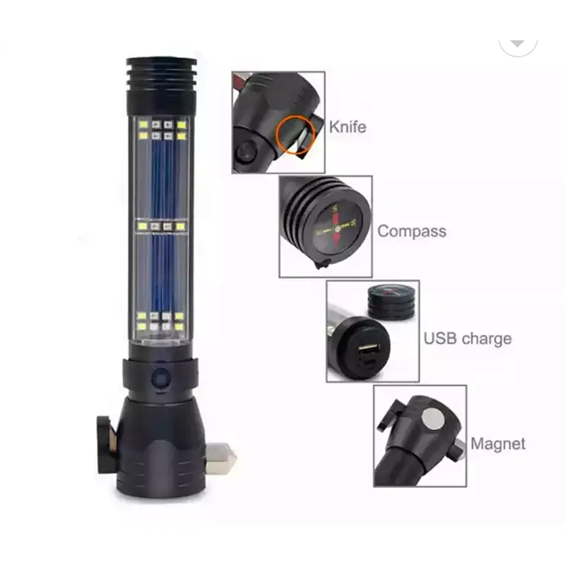 9 in 1 Waterproof 10W XML T6 USB & Solar Panel Charging Flashlight Torchlight High Powerful Solar Powered Flashlight With Alarm