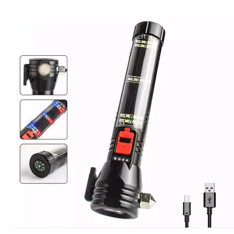 USB Charger Solar Powered LED Car Flashlight Multi-Function Solar Escape Rescue Flashlight for Hiking Camping Traveling