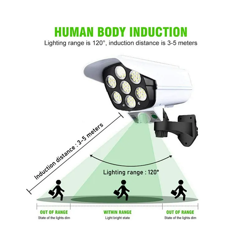 Cheap Wholesale 3 Mode Solar Energy Sensor LED Flood Light  IP65 Waterproof  Simulation Camera Camouflage Monitoring Street Lamp