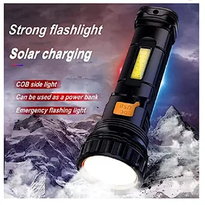 Solar Rechargeable 1200 Mah Battery USB Cable Fast Charging 1000 high  Lumens LED Flashlight with Emergency Strobe Light