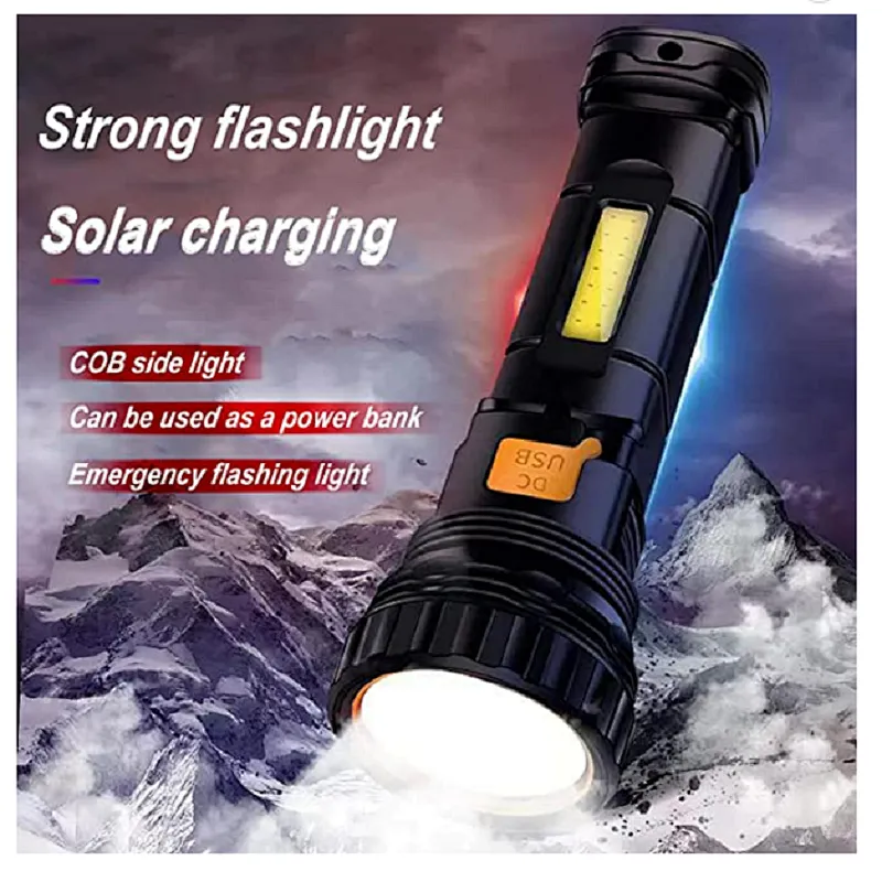 Solar Rechargeable 1200 Mah Battery USB Cable Fast Charging 1000 high  Lumens LED Flashlight with Emergency Strobe Light