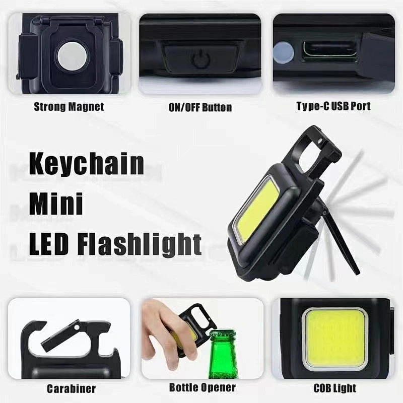 Small COB Work Light 3 Light Modes 500 High Lumens Pocket Rechargeable Mini Led Flashlight with Bottle Opener