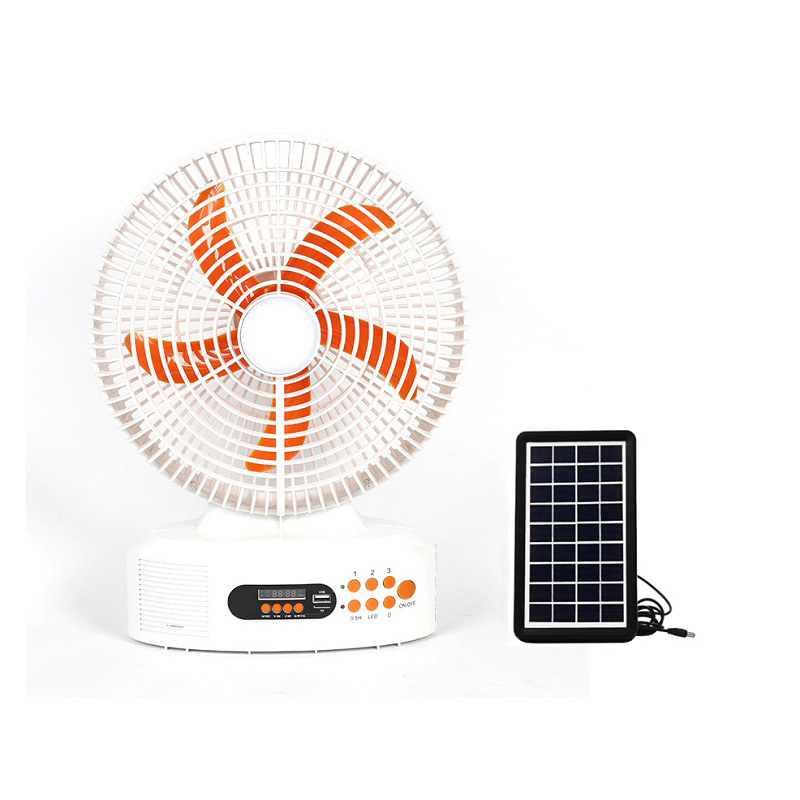 Hot Sell 12 Inch Solar Rechargeable Fan Portable FM Radio Fan Rechargeable with Led Lights and Speaker